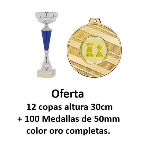 Ref. 4001 Lote de 12 copas altura 30cm + 100 medallas oro completas.